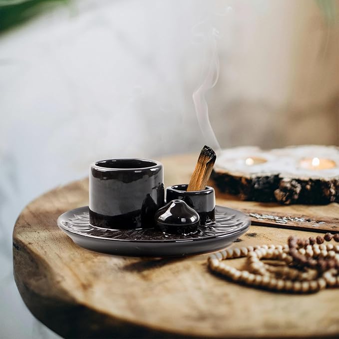 4 in 1 Ceramic Incense Holder, Palo Santo Stick Holder, Sage Holder for Burning, 5.2" Ash Catcher Tray for Meditation, Yoga & Home Decor (Black)