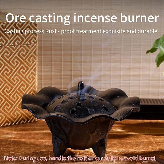 AIMITOFO Cast Iron Incense Burner - 4 in 1 Incense Burner Holder Set - Lotus Leaf Shape Ash Catcher with Lid for Ritual Purpose, Decor, Etc... - Bloomnest