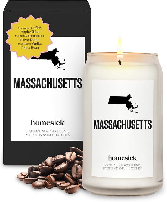 Homesick Scented Candles for Home (Massachusetts) - 13.75 oz Long-Lasting Soy Wax Jar Candle for Women & Men for All Occasions, 60-80 Hours Burn Time - Notes of Coffee & Apple Cider - Bloomnest