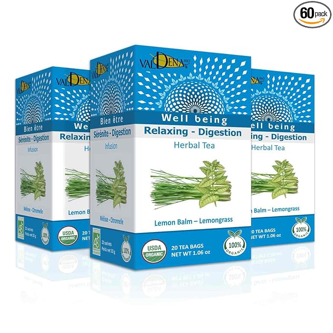 VALDENA BIO Organic Flavored Lemon Balm and Lemongrass, Pack of 3-20 Individually Wrapped Tea Bags in Each Pack - 60 Tea Bags in Total - Bloomnest