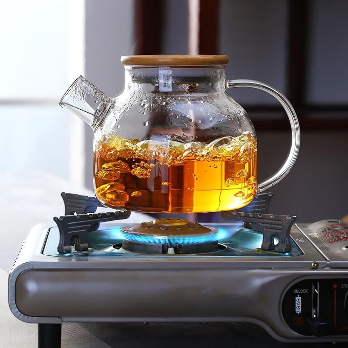 Glass Teapot Set of 5 with Bamboo Lid, 4 Teacups, 18.6OZ. Thick Durable Borosilicate Glass for Cold Brewing, Hot Tea - Bloomnest