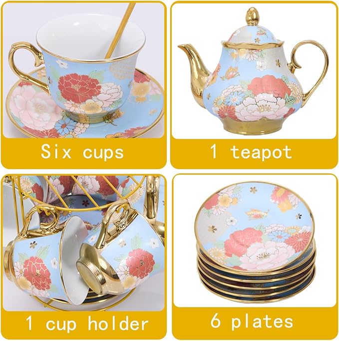 CHANJOON Gold Plated Red Rose Ceramic Tea Set, Vintage Tea Sets with Teapot, Beautiful Tea Set Coffee Serving 6 People (Green, X Large) - Bloomnest