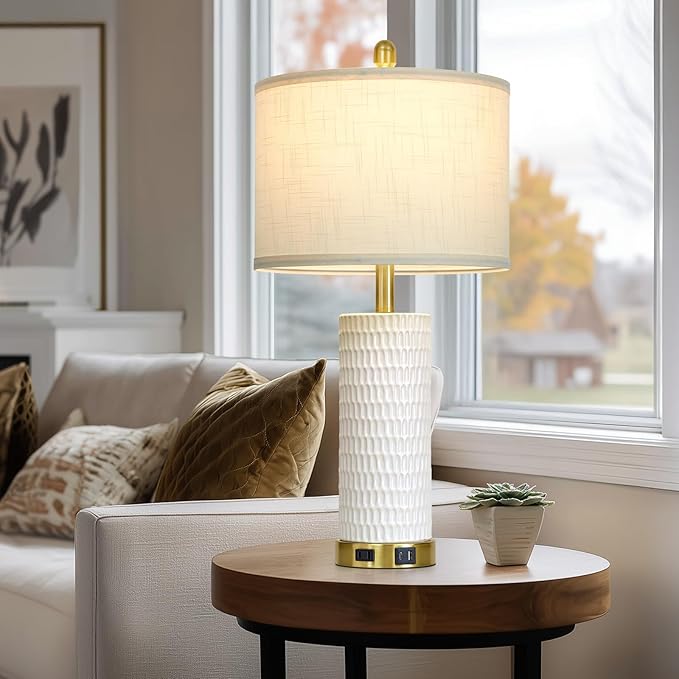 27" White Ceramic Lamps for Living Room, 3-Way Dimmable Touch Ceramic Table Lamp Set of 2 for Bedroom，Rustic Farmhouse Bedside Lamp with USB A+C & Outlets, Elegant Bedroom Lamp for Nightstand - Bloomnest