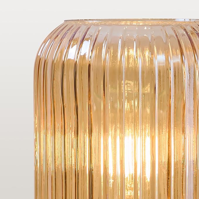 Mid Century Modern Table Lamp: Vintage Amber Ribbed Glass Globe Dimmable Plug in Small Bedside Lamps - Cute Brass Gold Side Table Lamp Nightstand Light for Bedroom Entryway Office Desk Living Room - Bloomnest