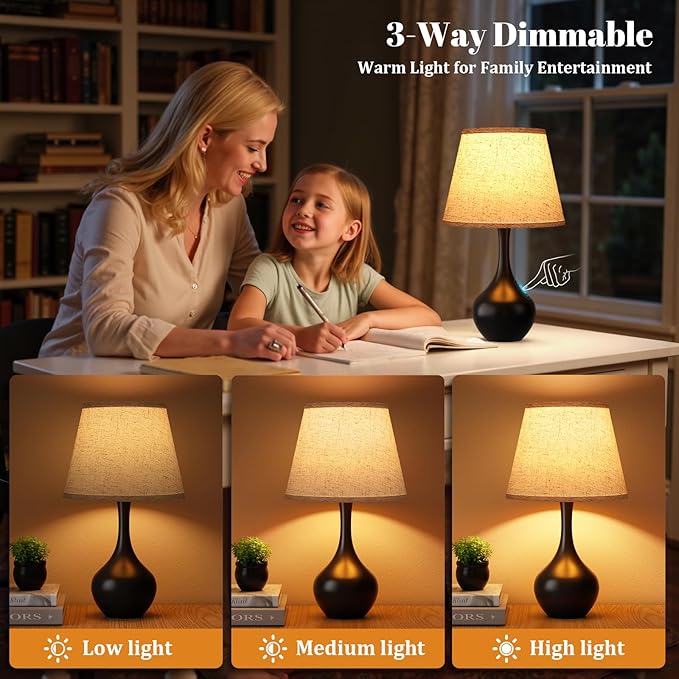 Seealle Touch Table Lamps for Bedroom Set of 2,3-Way Dimmable Small Bedside Lamps for Night Stands with Wires, Black Desk Lamps for Kids Room,Office,Living Room, End Table(LED Bulbs Included) - Bloomnest