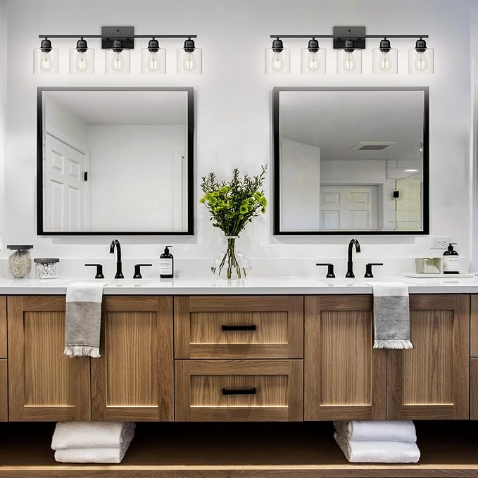 Modern 5 Light Bathroom Vanity Light, 31 inch Black Bathroom Light Fixtures with Clear Glass for Mirror Kitchen Living Room Hallway Cabinet Porch - Bloomnest
