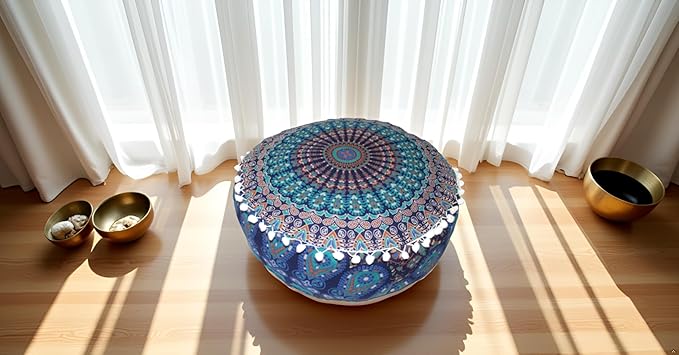 INDIAN CRAFT CASTLE ICC Mandala Barmeri Large Floor Pillow Cover Cushion Meditation Seating Ottoman Throw Cover Hippie Decorative Zipped Bohemian Pouf Ottoman Cases Blue Peacock 18" Round - Bloomnest