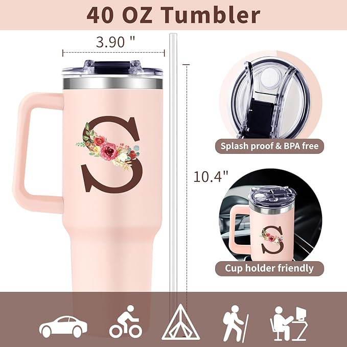 Monogrammed 40oz Tumbler with Handle for Women, Personalized Birthday Gifts for Women,Initial Cups for Woman Floral Letter S,Customized Gifts for Female Lady Gift for Mothers Day Christmas - Bloomnest