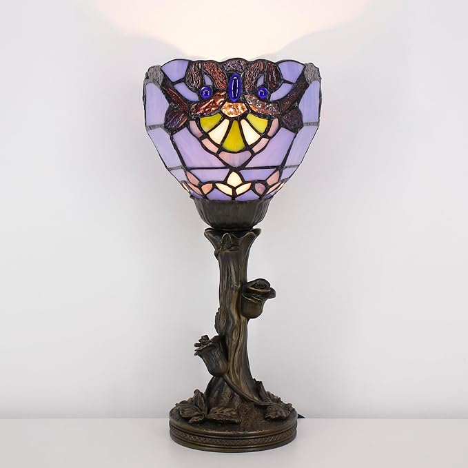 Small Tiffany Lamp Stained Glass Table Lamp Desk Uplight 6X6X13.5 Inch for Bedroom Bedside Office (Blue Baroque) - Bloomnest