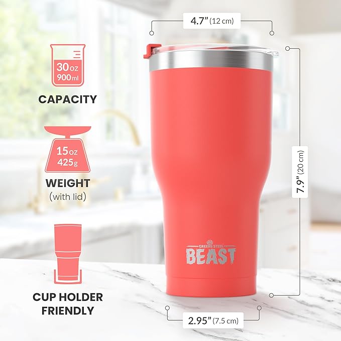 Beast 30 oz Tumbler Stainless Steel Vacuum Insulated Coffee Ice Cup Double Wall Travel Flask (Coral Pink) - Bloomnest