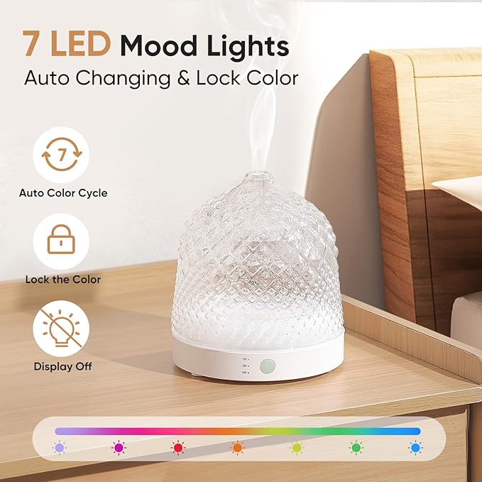Glass Essential Oil Diffuser, 200ml Ultrasonic Aroma Diffusers with Glass Reservoir Dome & White Plastic Base Lock Color Auto-Off Timer 7 Color Light for Home Office Bedroom Yoga - Bloomnest