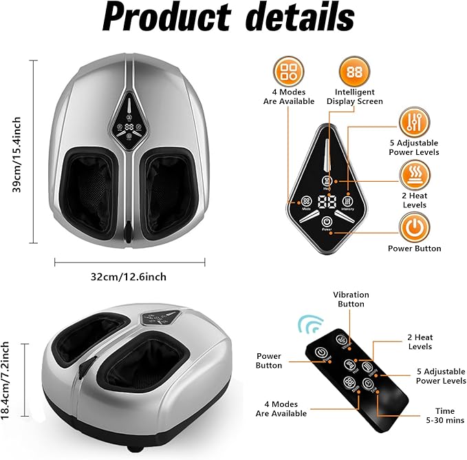 Shiatsu Foot Massager with Heat,Vibration,Air Compression and Deep Kneading,4 Modes + 2 Heat Levels + 5 Intensities,Quiet Design and Washable Sleeves,An adapter is required for use - Bloomnest