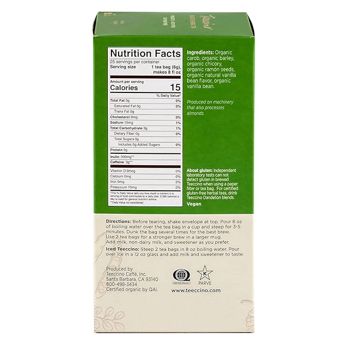 Teeccino French Vanilla Herbal Tea - Rich & Roasted Herbal Tea That’s Caffeine Free & Prebiotic for Natural Energy, Coffee Alternative, 25 Count - Bloomnest