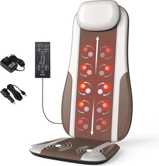 Shiatsu Back Massager with Heat, Massage Chair Pad Seat Cushion for Stress Relief, Deep Tissue Kneading & Roller, 2 Vibration Motors, Back Waist Hip Massager, PU Leather, with 2 Adapters - Bloomnest