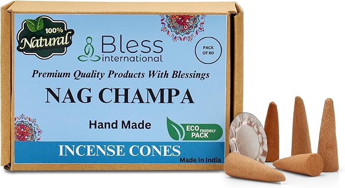 Bless-International Nag Champa 100%-Natural-Incense-Cones Handmade-Hand-Dipped Organic-Chemicals-Free for-Purification-Relaxation-Positivity-Yoga-Meditation The-Best-scents (60 Count) BlessInternational
