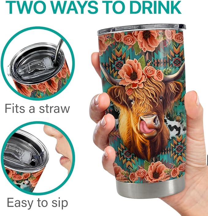 Highland Cow Tumbler 20oz Stainless Steel Insulated Coffee Travel Mug Cup for Women Girls Cows Lovers Cow Gifts for Birthday Christmas Mothers Day - Bloomnest