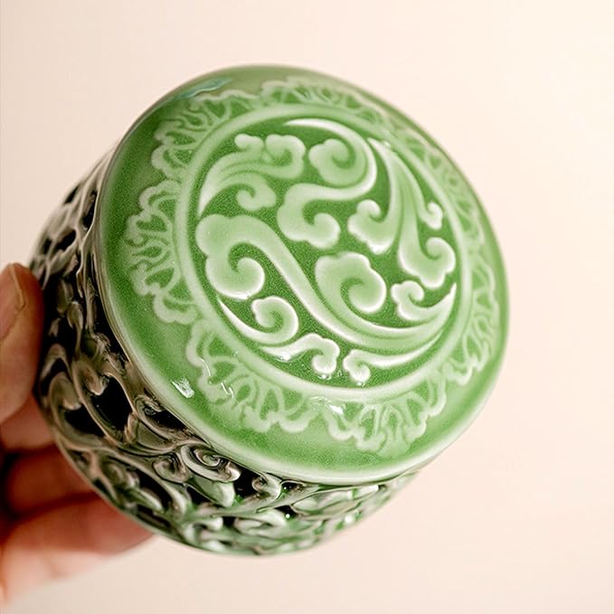 Mini Ceramic Incense Burner - Chinese Classic Plum Green Celadon Glaze, Fragrance Cone & Stick Holder Palo Santo/Sage/Herb Burner for Meditation, Yoga, Desk Decor, Zen Relaxation Gift (Cloud-A) - Bloomnest
