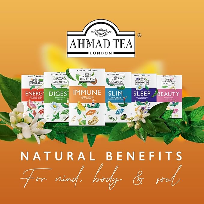 Ahmad Tea Natural Benefit Functional Tea Selection Pack | Green teas, Fruit & Herbal Infusions | Perfect herbal tea gift - 60 Teabag Sachets | 6 blends - Bloomnest