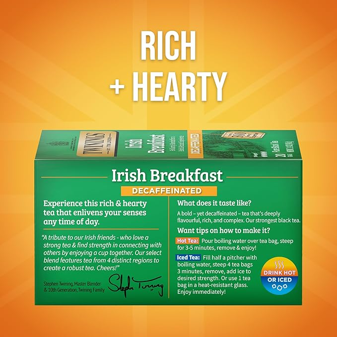 Twinings Decaffeinated Irish Breakfast Black Tea Individually Wrapped Bags, 20 Count (Pack of 6), Flavourful, Robust, Enjoy Hot or Iced, 120 Teabags - Bloomnest