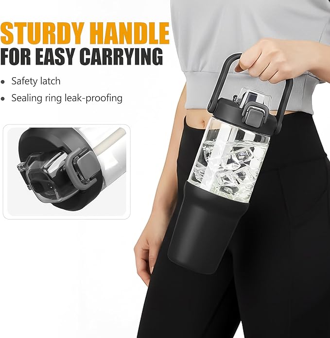Glass Tumbler with Carry Handle, Clear Glass Water Bottle with Leakproof Lid, Spout Lid&Straw, BPA-Free, 32 oz, Black - Bloomnest