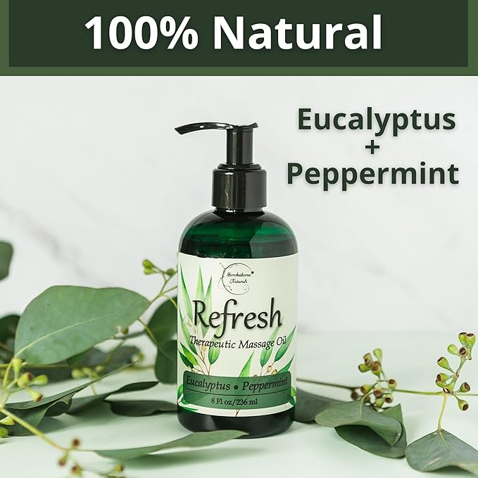 Refresh Massage Oil for Massage Therapy with Eucalyptus & Peppermint Essential Oils - All Natural Sore Muscle Relief. Ideal for Full Body Relaxation – Nut Free Formula 8oz - Bloomnest