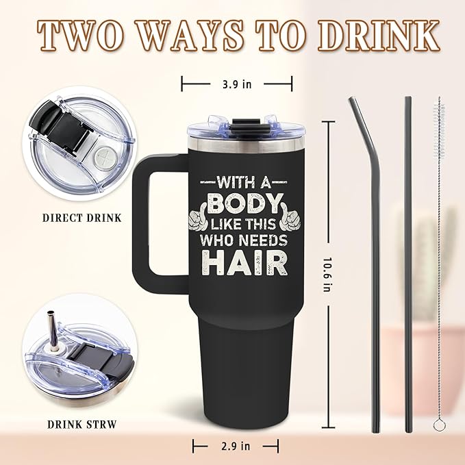 DUUV Funny Bald Guy Tumbler 40 Oz, 'With a Body Like This Who Needs Hair' Funny Insulated Mug for Christmas Thanksgiving, Gag Gifts for Bald Men, Gym Lovers, Husbands, Boyfriends, Dad Jokes, 1PCS - Bloomnest