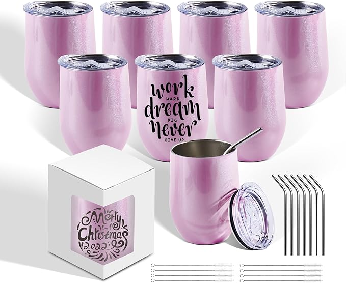 BetterSub 8 Pack 12oz Glitter Pink Wine Tumblers - Double Wall Insulated Sublimation Blanks, Stainless Steel Cups With Lid, Metal Straw, Brush, Display Box - Bloomnest