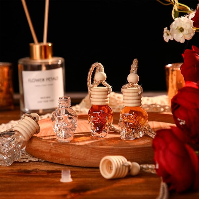 BBTO 50 Pcs Hanging Car Air Freshener Car Diffuser Bottles Empty Glass Perfume Bottle Freshener Diffuser Bottle Pendant for Essential Oil Fragrance Aromatherapy Bottle Ornament(Skull) - Bloomnest