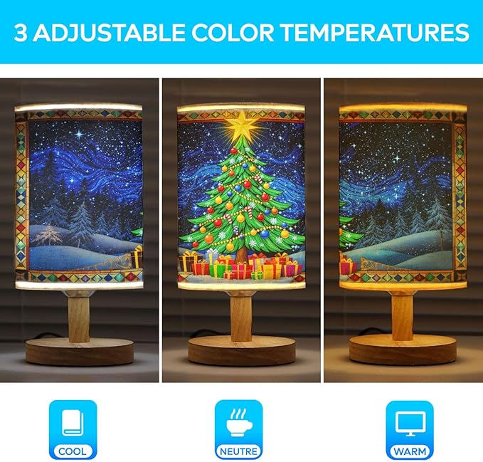 Christmas Tree Table Lamp LED 3-Color Pressed Bedside for Merry Christmas, Christmas Tree Shade Christmas Table Lamp with Wood Base for Bedroom Living Room Desk Office - Bloomnest