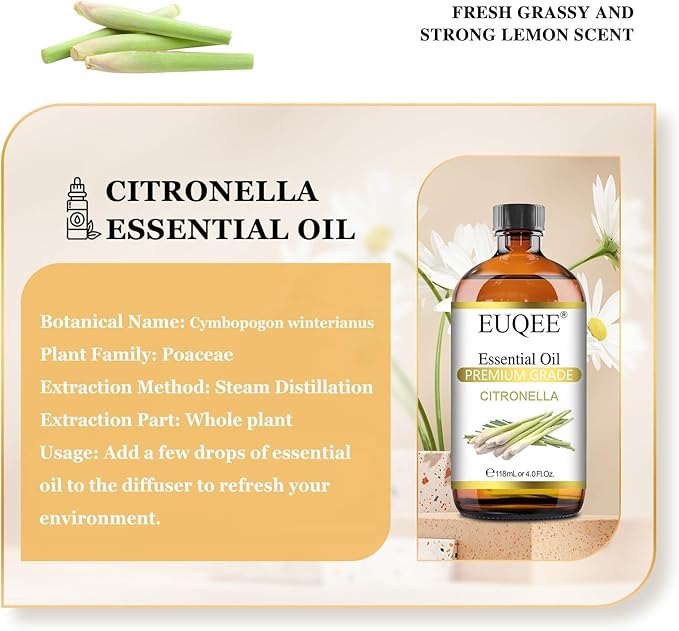 EUQEE Citronella Essential Oil, 118ml Large Gift Box Pure Citronella Oil with Glass Dropper for Candle Making, Diffuser, Humidifier - 4 fl oz. - Bloomnest