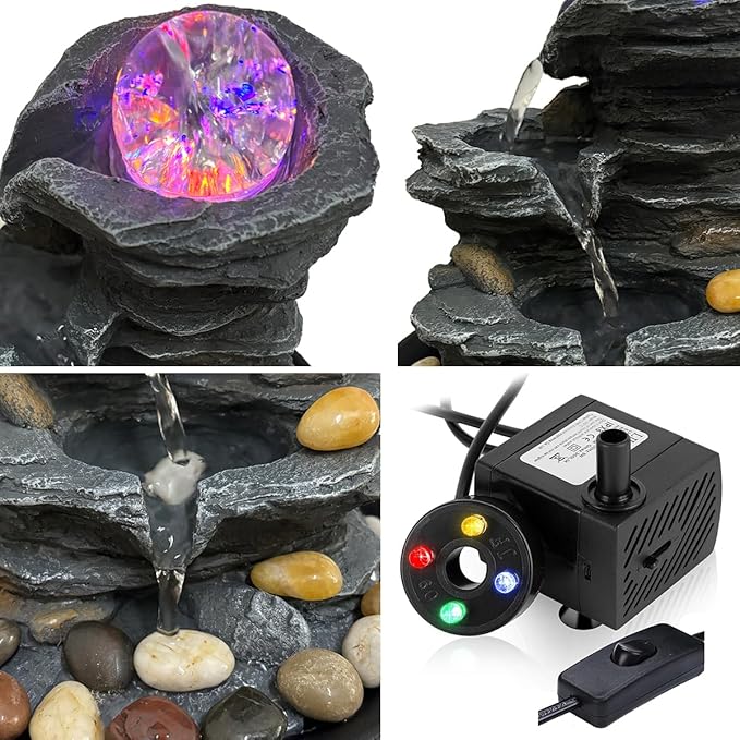 Indoor Tabletop Water Fountain Rotating Ball Rock Waterfall Fountain with Colorful Lights and Natural River Rocks, Zen Meditation for Home Office Decor