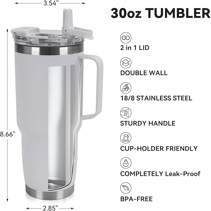 HASLE OUTFITTERS 30oz Tumbler Bulk with Handle, Insulated Travel Coffee Mug Set with Handle Leak-Proof Double Wall Stainless Steel Vacuum Tumblers Pack Metal Cup for Hot and Cold Drink - Bloomnest