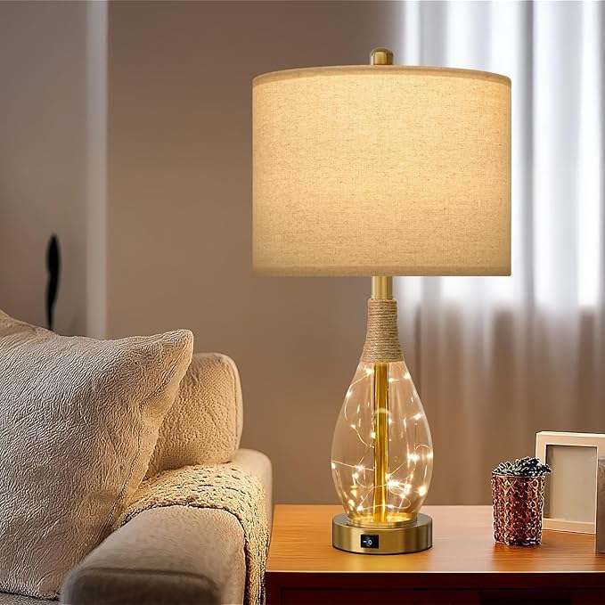 OYEARS 23" Table Lamps for Living Room Set of 2 Bedside Lamps for Night Stands Bedroom Lamps Farmhouse Rattan Boho Lamp Glass Nightlight End Table Lamp with USB C+A (Gold),Two Light Points - Bloomnest