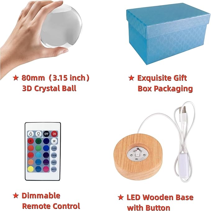 3D Large Monkey Crystal Ball Night Light with Wooden Base, Crystal Lamp Gift for Kids Wife Friends, 16 Color Changing with Remote Control, Laser Engraved 3.15 inch Glass Ball Lamp (Monkey) - Bloomnest