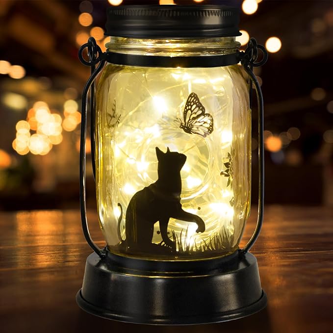 Cat Solar Lanterns Cat Gifts for Women Men Cat Lovers Gifts Hanging Cat Lanterns with Stake for Yard Lawn Garden Decor Black Cat Lantern Torches - Bloomnest