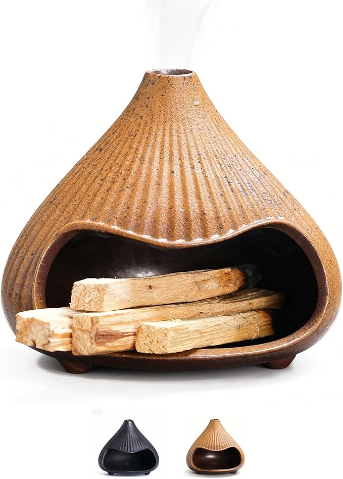 Retro Ceramic Palo Santo Holder, Sage Smudge Burner, Mini Fireplace Mount Fuji Chimney Incense Ash Catcher, Boho Zen Meditation Home Decor Gift (Rustic Brown) Bloomnest