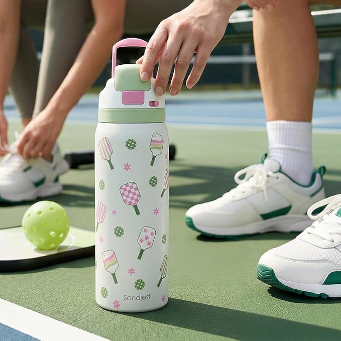 Pickleball Stainless Steel Water Bottle, Vacuum Insulated, Push-Button Lid, 32 oz, Gifts for Women Girls Friends Teens Birthday Christmas SANDJEST
