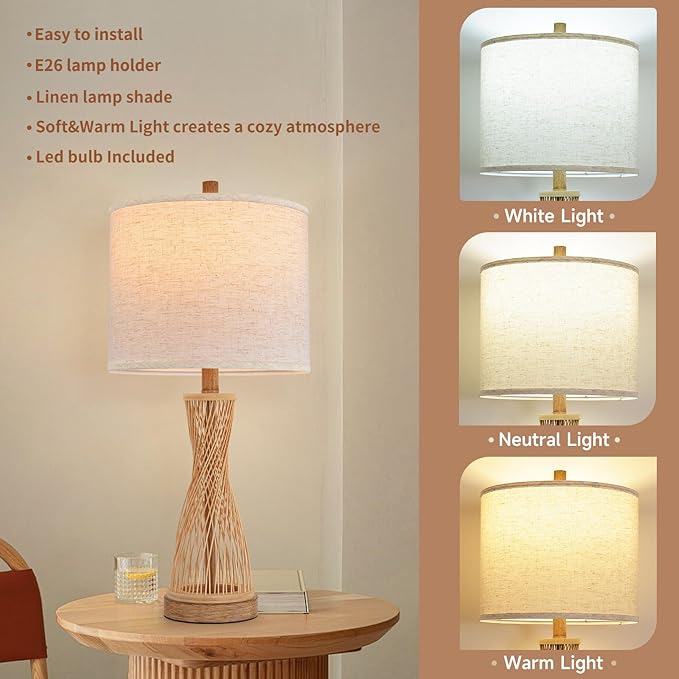 Lamps for Bedroom Wooden Bamboo Strip Table Lamp Farmhouse Bedside Lamps Set of 2 Wood Table Lamp Desk Light Bedroom Lights Bedside Lamps Set of 2,Linen Shade, 25.5 in - Bloomnest