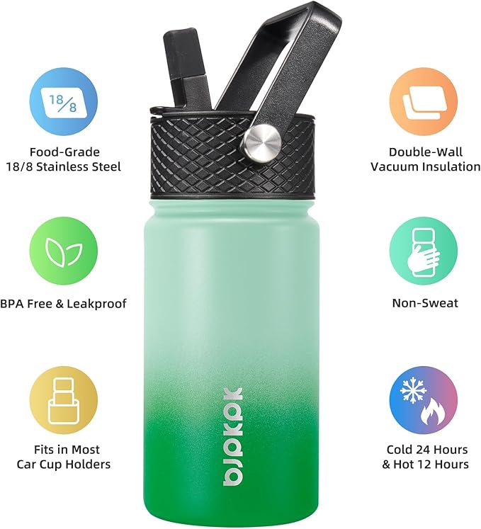 BJPKPK Water Bottle with Straw Lid, 15 oz Insulated Water Bottle, Stainless Steel Metal Water Bottles, Reusable Leak Proof BPA Free Thermo, Flask, Cups, Meadow - Bloomnest