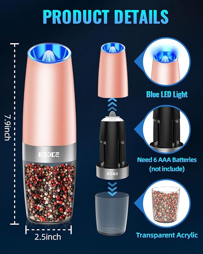 XinXu Gravity Electric Pepper and Salt Grinder Set, Adjustable Coarseness, with LED Light, One Hand Automatic Operation (Set/Coral X) - Bloomnest