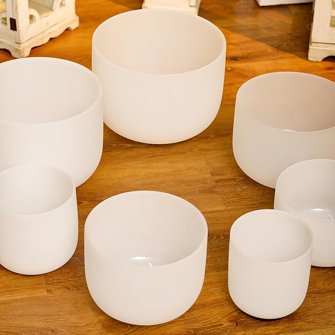 KVKA 6-12 Inch 432hz Crystal Bowls Set of 7Pcs C D E F G A B with Carrying Cases and Suede Stickers,O-Ring for Yoga Sound Healing