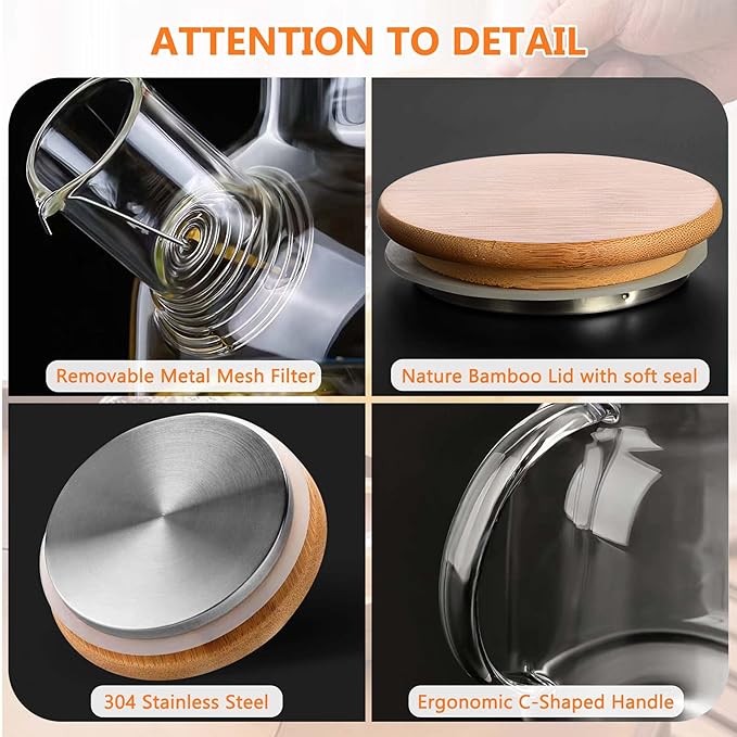 Glass Tea Pot Kettles Stovetop Safe, 33.8oz/1000ml Heatproof Borosilicate Glass Teapot Water Pitcher With Bamboo Lid and Removable Filter Spout for Loose Leaf and Blooming Tea - Bloomnest