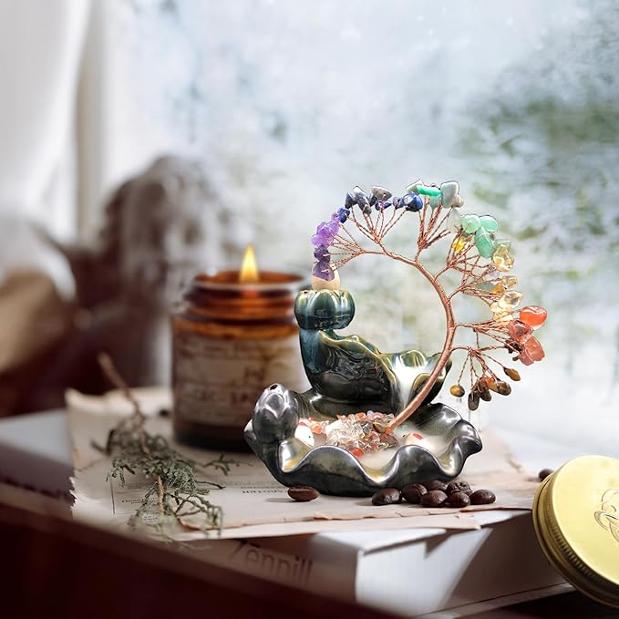 MrMrKura Backflow Incense Burner, Ceramic Incense Waterfall Burner with 7 Chakras Healing Crystals Tree Fountain Incense Holders for Yoga Meditation Home Decor - Bloomnest