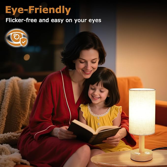 Small Bedside Table Lamp with AC Outlet, Natural Wood Base & Linen Shade, Mini Cute Cozy Warm White Nightstand Boho Lamp, Study Desk Night Stand Light for Bedroom, Kitchen, Nursery, Living Room - Bloomnest