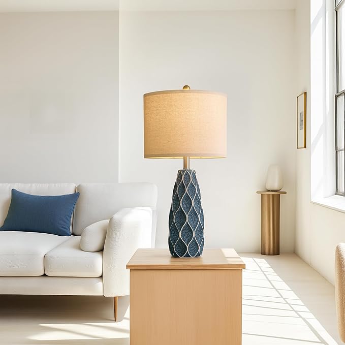 27.5" Ceramic Table Lamps for Living Room Bedroom Lamps Set of 2 Modern Boho Bedside Lamps Night Stands Farmhouse Vintage Large Nightstand Lamp Reading Light Home Office Dorm Desk Deco Gifts, Blue - Bloomnest