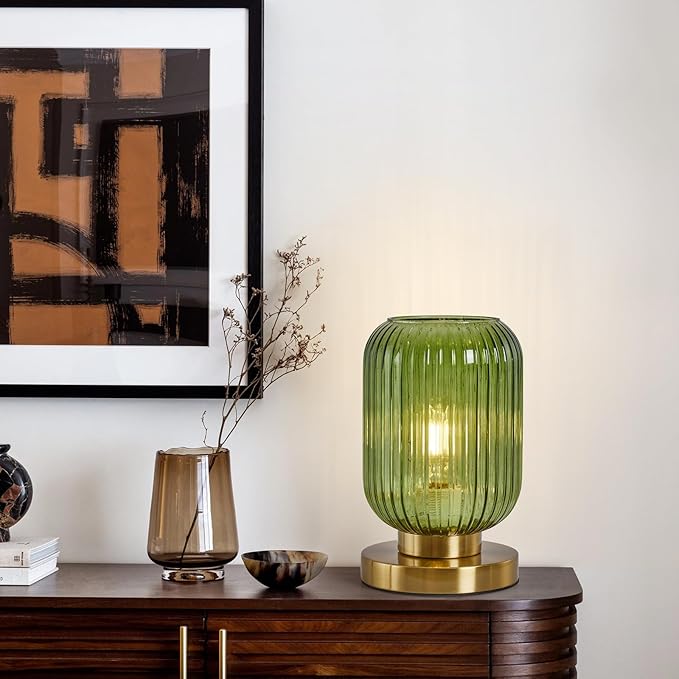 Mid Century Modern Table Lamp: Vintage Green Ribbed Glass Globe Dimmable Plug in Small Bedside Lamps - Cute Brass Gold Side Table Lamp Nightstand Light for Bedroom Entryway Office Desk Living Room - Bloomnest