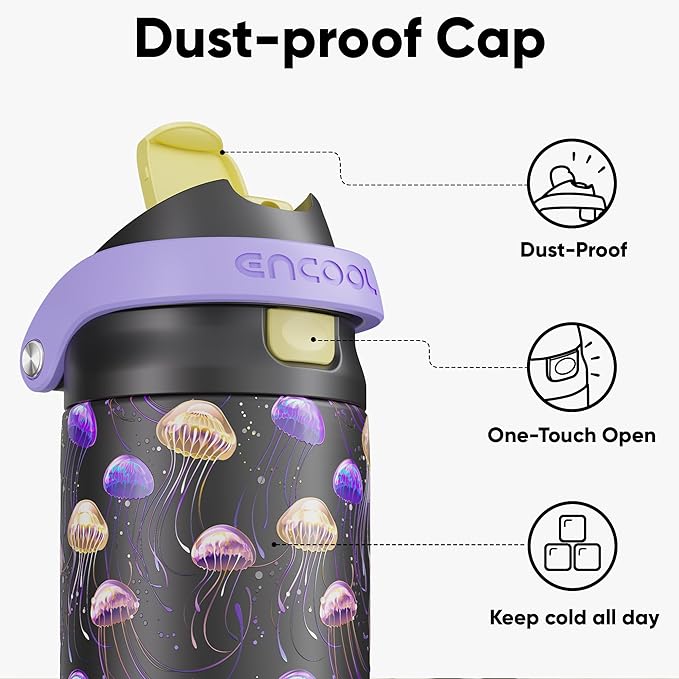 ENCOOL Leakproof Insulated Water Bottle with Straw Dual-Sip Water Bottle Bag-Safe Design for Work, Commute & Gym – Keeps Drinks Cold All Day, 24 oz, Neon Jellyfish ENCOOL