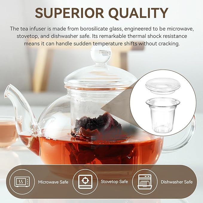 Universal Glass Tea Infuser for Teabloom, Loose Leaf Tea Strainer with Lid/Coaster for Cups, Teapots, Mugs, Travel Tumblers, Tea Steeper Glass for Loose Tea, Filter Diffuser Microwave Stovetop Safe - Bloomnest