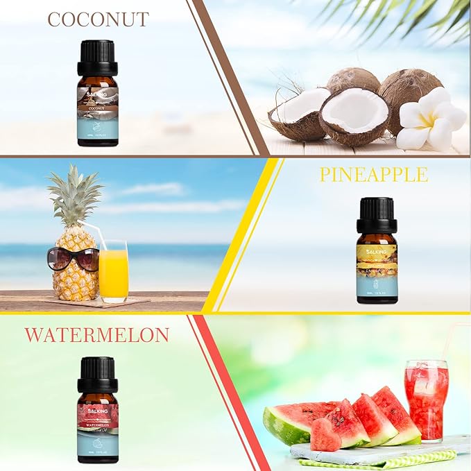 SALKING Summer Fragrance Oils Set, Premium Essential Oils Gift Set for Diffuser, Scented Oil for Soap & Candle Making - Ocean Breeze, Mojito, Coconut, Pineapple, Watermelon, Vanilla Ice Cream - Bloomnest