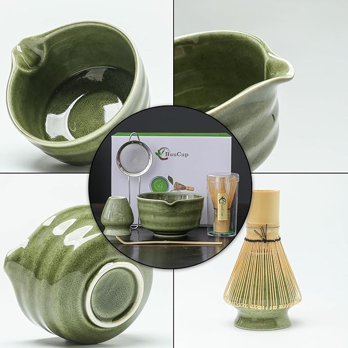 Matcha Set, Matcha Bowl with Spout, Matcha Whisk and Holder, Bamboo matcha Scoop and Stainless Sifter - 5 Pcs Jade Green Matcha Set Kit for Matcha Lover - Bloomnest